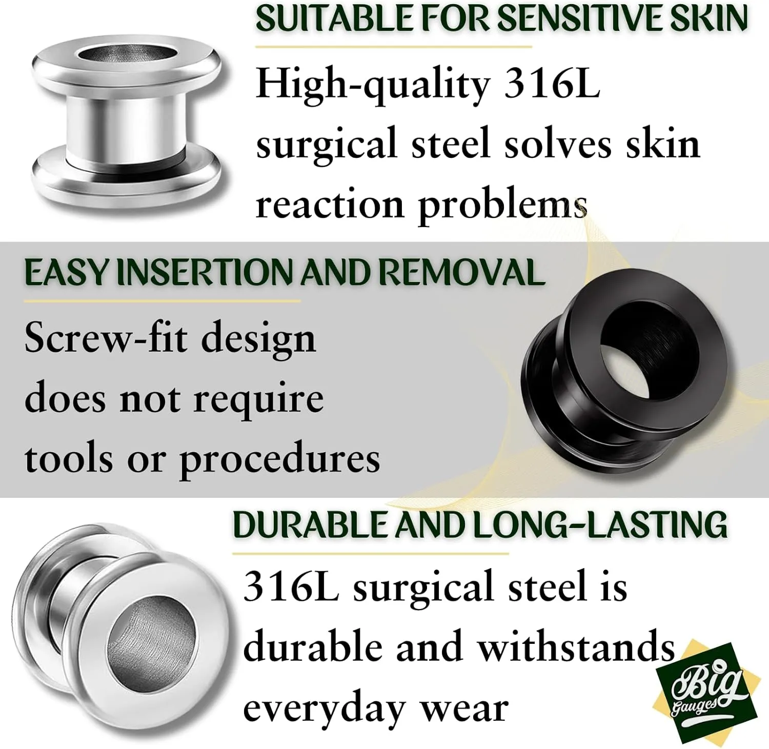 2 Pairs 316L Surgical Steel Black Anodized Screw flesh Tunnels Piercing Jewelry Stretcher Ear rounded Plugs Earring Lobe
