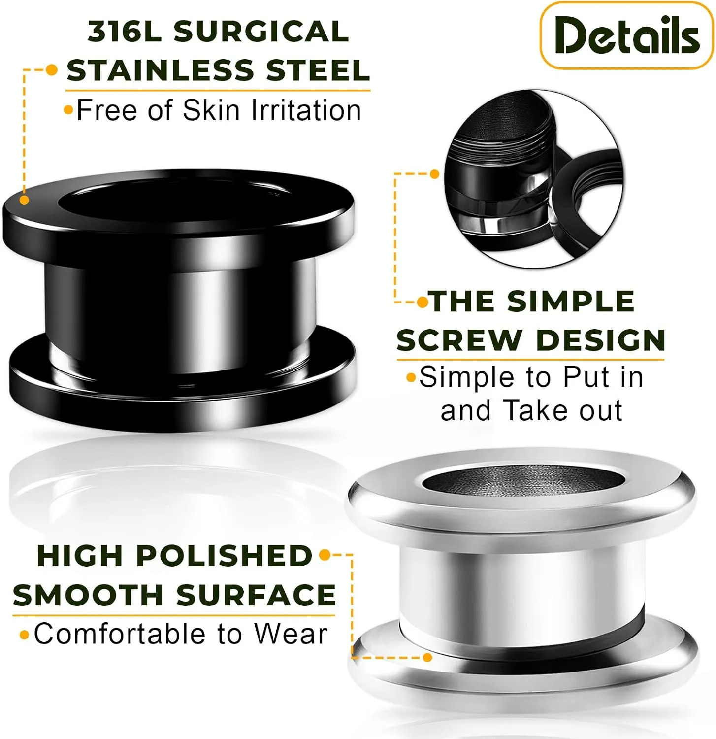 2 Pairs 316L Surgical Steel Black Anodized Screw flesh Tunnels Piercing Jewelry Stretcher Ear rounded Plugs Earring Lobe