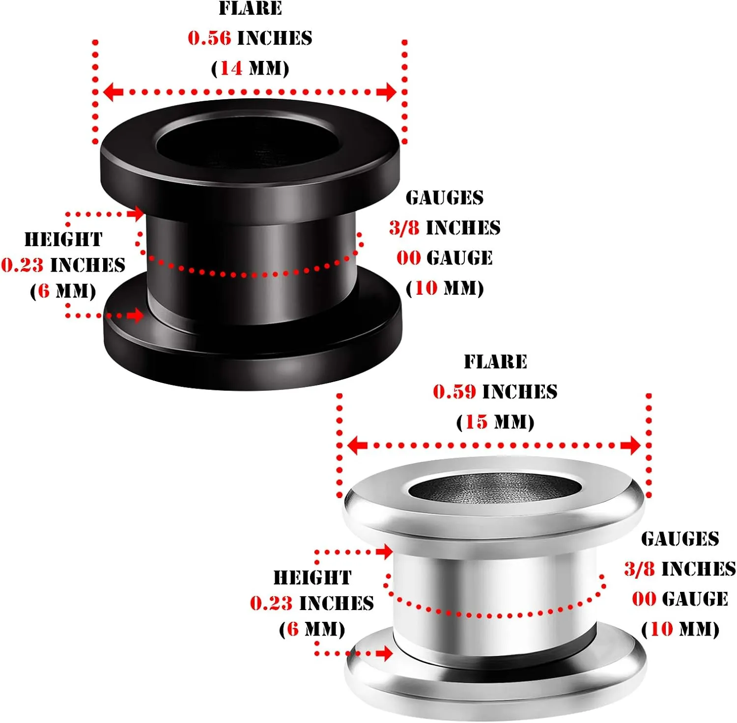 2 Pairs 316L Surgical Steel Black Anodized Screw flesh Tunnels Piercing Jewelry Stretcher Ear rounded Plugs Earring Lobe