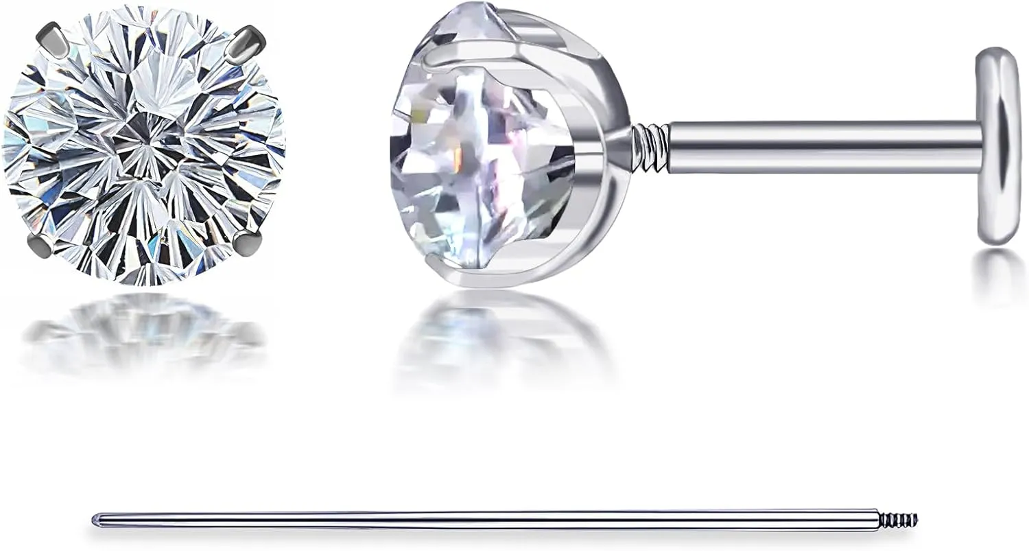 2 Pcs 18G Hypoallergenic ASTM F136 Titanium Stud Earrings for Sensitive Ears-Implant Grade Titanium Internally Threaded Flat Back Earrings with 6mm Daisy Cut Cubic Zirconia