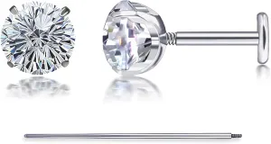 2 Pcs 18G Hypoallergenic ASTM F136 Titanium Stud Earrings for Sensitive Ears-Implant Grade Titanium Internally Threaded Flat Back Earrings with 6mm Daisy Cut Cubic Zirconia