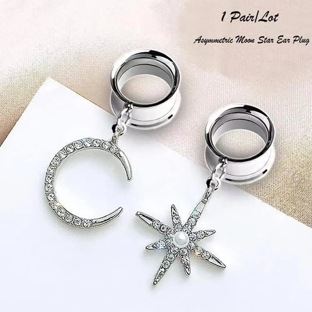 2 Pieces 316 Stainless Steel Beautiful Cubic Zirconia Star Moon Pendant Ear Plugs Tunnel Gauge Wedding Body Jewelry