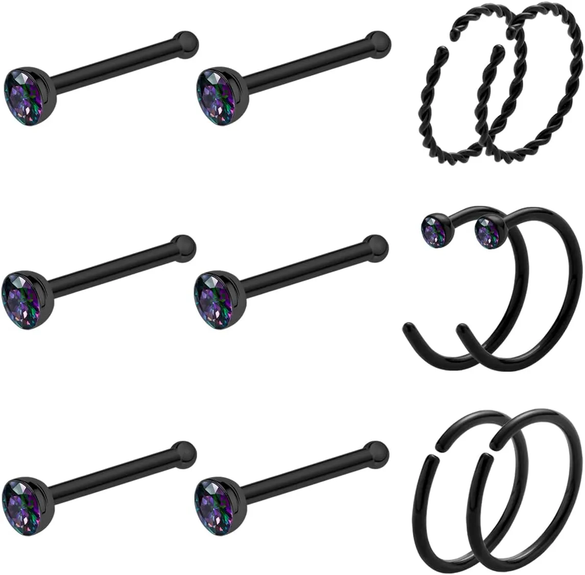 20 Gauge Nose Ring Hoop Stainless Steel Nose Rings for Women Men Round CZ L Shaped Nose Studs Nose Screw Bone Rings Set Nose Piercing Jewelry Hoops Nose Rings Silver Black 12Pcs
