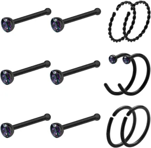 20 Gauge Nose Ring Hoop Stainless Steel Nose Rings for Women Men Round CZ L Shaped Nose Studs Nose Screw Bone Rings Set Nose Piercing Jewelry Hoops Nose Rings Silver Black 12Pcs