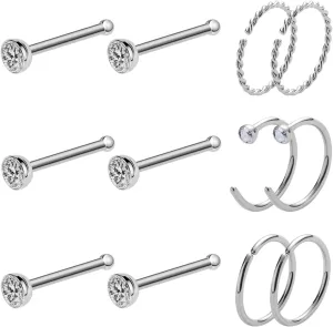 20 Gauge Nose Ring Hoop Stainless Steel Nose Rings for Women Men Round CZ L Shaped Nose Studs Nose Screw Bone Rings Set Nose Piercing Jewelry Hoops Nose Rings Silver Black 12Pcs