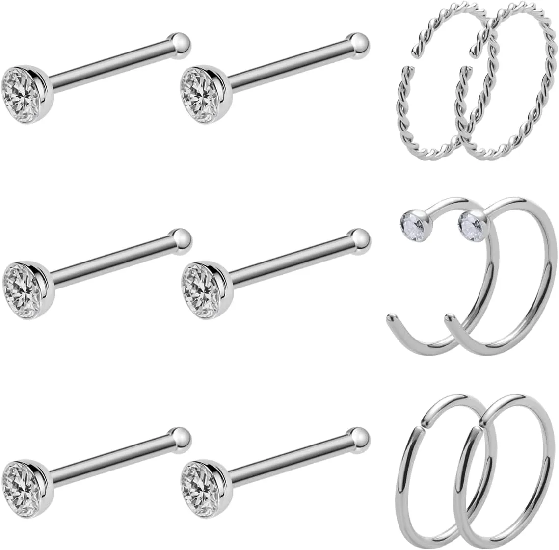 20 Gauge Nose Ring Hoop Stainless Steel Nose Rings for Women Men Round CZ L Shaped Nose Studs Nose Screw Bone Rings Set Nose Piercing Jewelry Hoops Nose Rings Silver Black 12Pcs