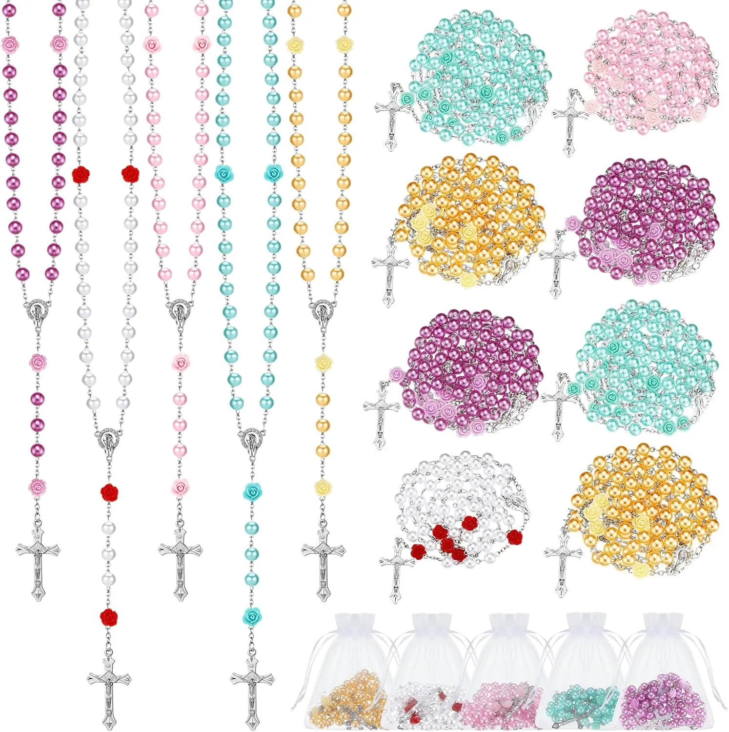 20 Pcs Pearl Rosary Catholic Beads for Prayer Gifts Rose Cross Necklace for Women Holy First Communion Rosary Beads
