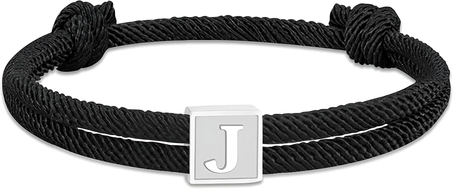 2025 Graduation Gifts, Rope Initial Bracelet for Men, Stainless Steel A-Z Letter Charm Bracelet, Handmade Braided Men Wrist Adjustable 7-13 Inches Letter Link Jewelry Father's Day Graduation Easter Basket Stuffer Gifts