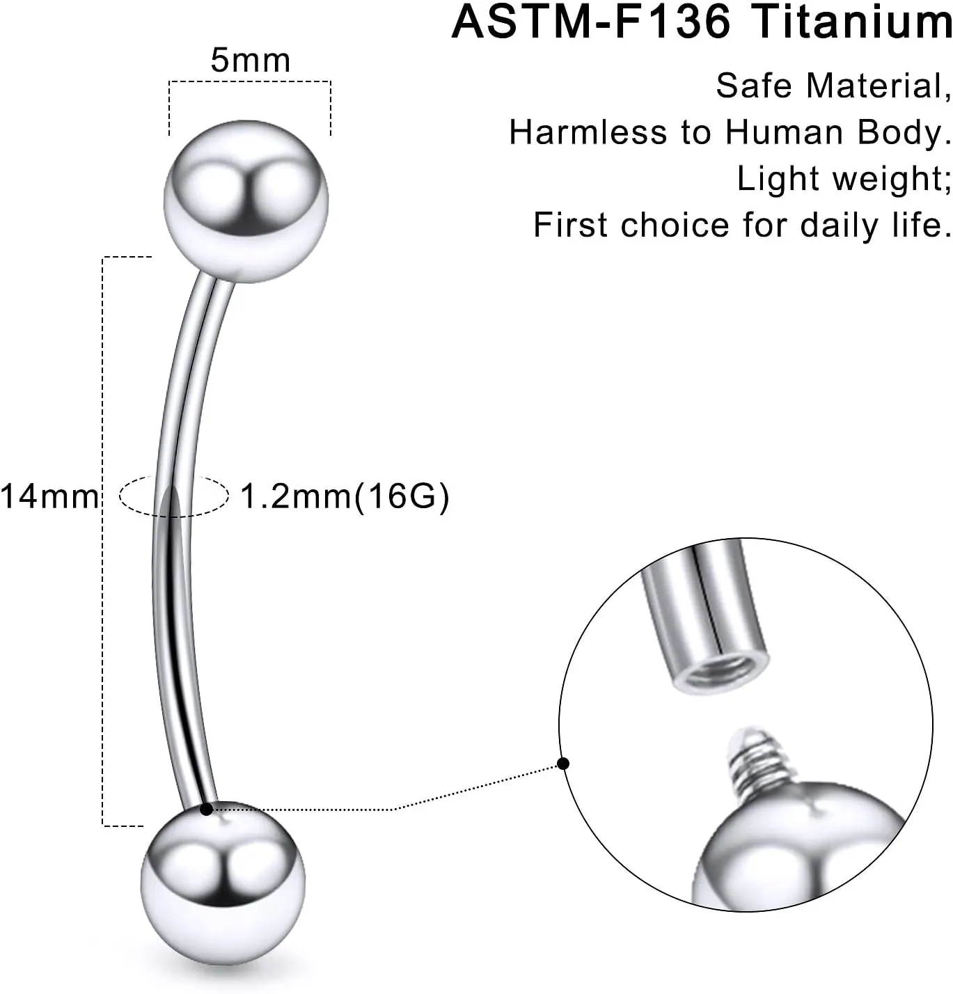20G 18G 16G 14G 12G 8G 6G 4G 2G Astm F136 Titanium Internal Thread Eyebrow Piercing Jewelry Curved Barbell Vertical Labret Lip Daith Rook Earrings Navel Belly Button Ring Piercing Jewelry