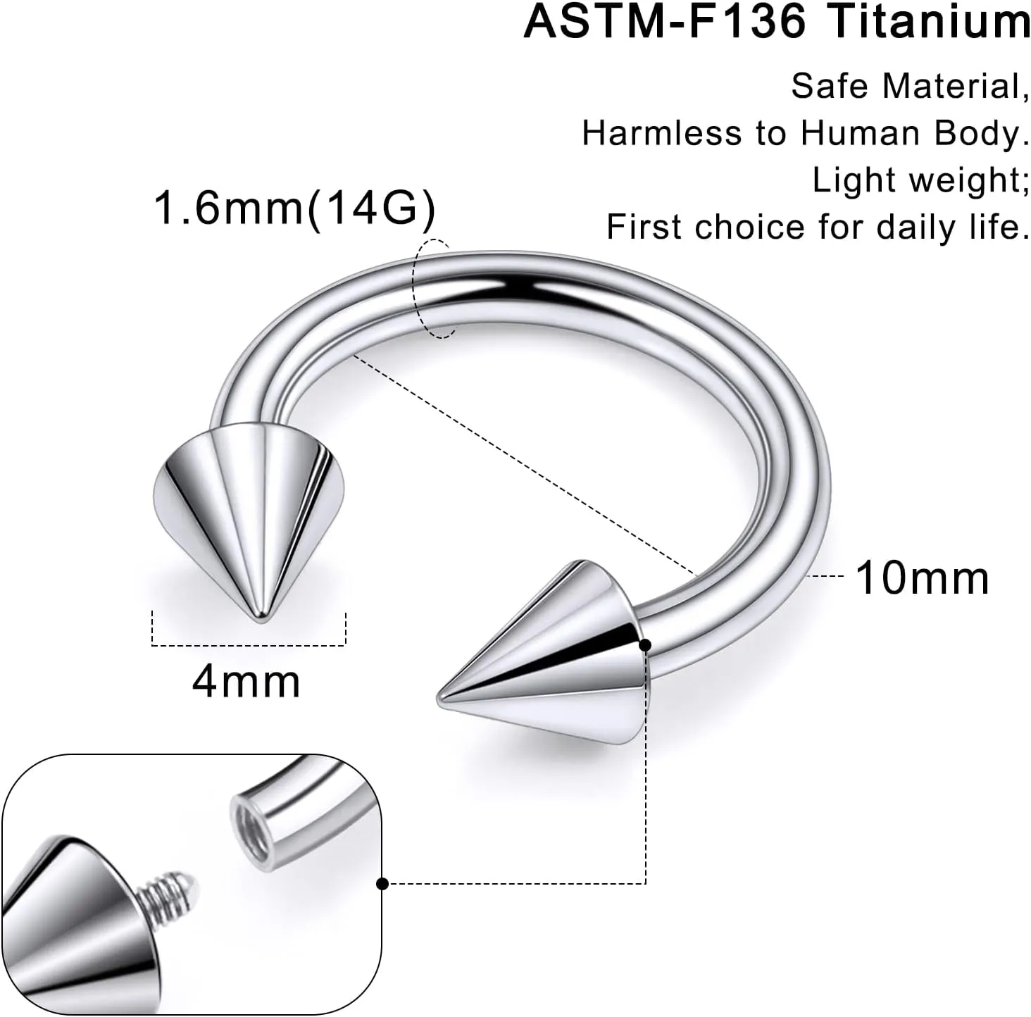 20G 18G 16G 14G 12G 8G 6G 4G 2G ASTM F136 Titanium Internal Thread Horseshoe Septum Ring Jewelry Circular Barbell Helix Snug Tragus Rook Daith Cartilage Earring Lip Ring Piercing Jewelry