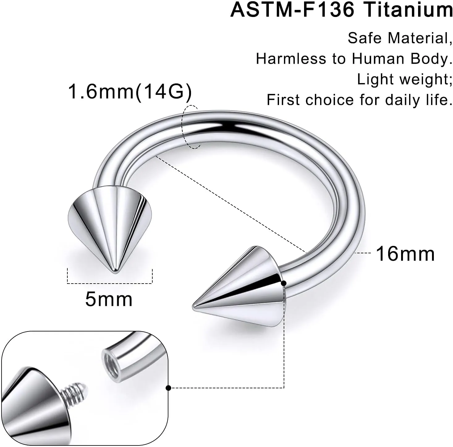 20G 18G 16G 14G 12G 8G 6G 4G 2G ASTM F136 Titanium Internal Thread Horseshoe Septum Ring Jewelry Circular Barbell Helix Snug Tragus Rook Daith Cartilage Earring Lip Ring Piercing Jewelry