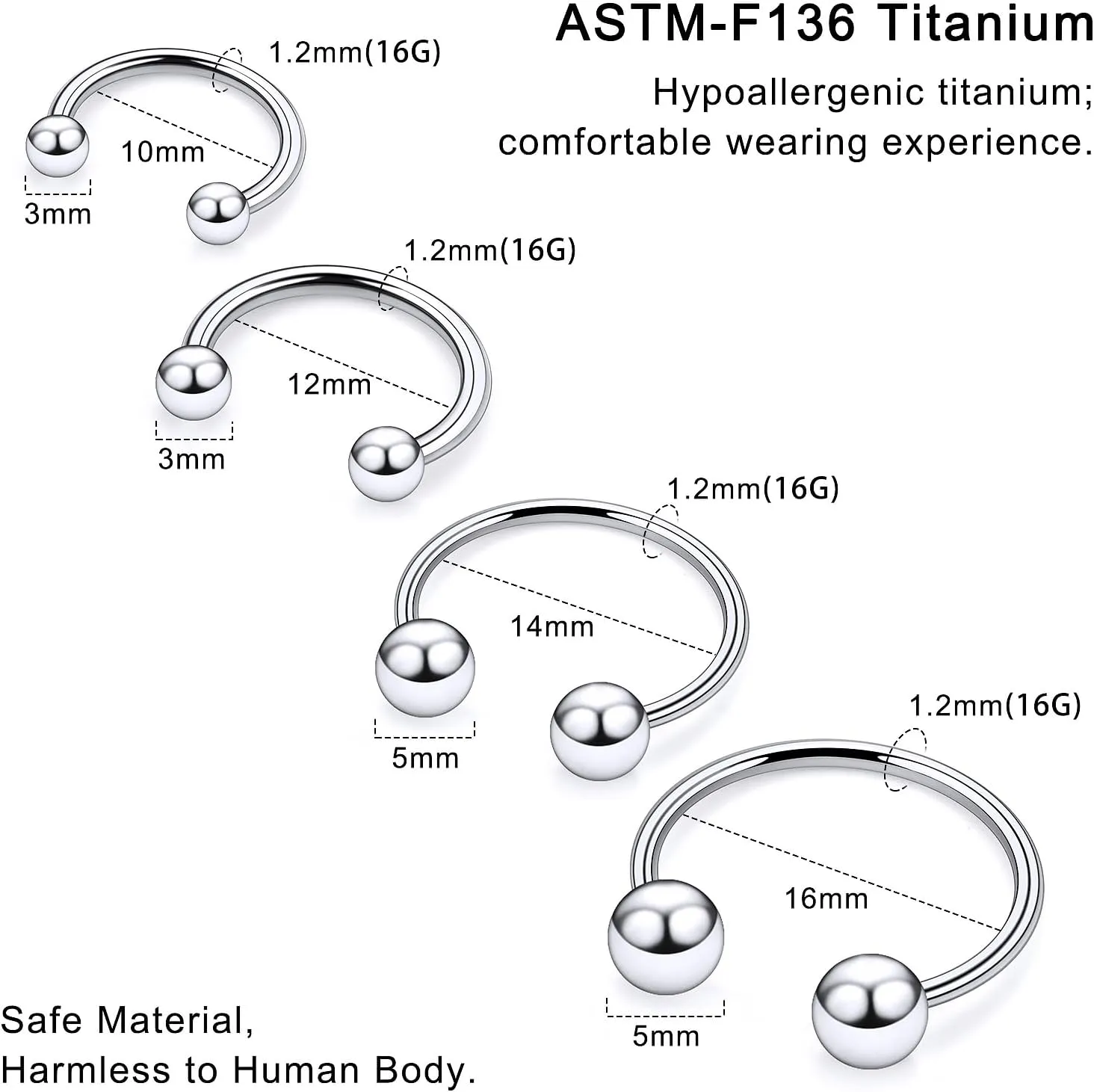 20G 18G 16G 14G 12G ASTM F136 Titanium Horseshoe Septum Nose Ring Piercing Jewelry Circular Barbell Helix Snug Tragus Rook Daith Cartilage Earring Lip Ring Hoop Piercing Jewelry for Women Men