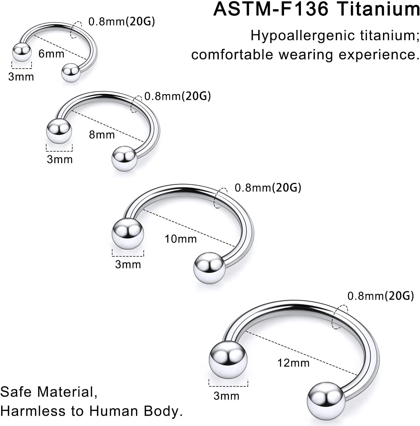 20G 18G 16G 14G 12G ASTM F136 Titanium Horseshoe Septum Nose Ring Piercing Jewelry Circular Barbell Helix Snug Tragus Rook Daith Cartilage Earring Lip Ring Hoop Piercing Jewelry for Women Men