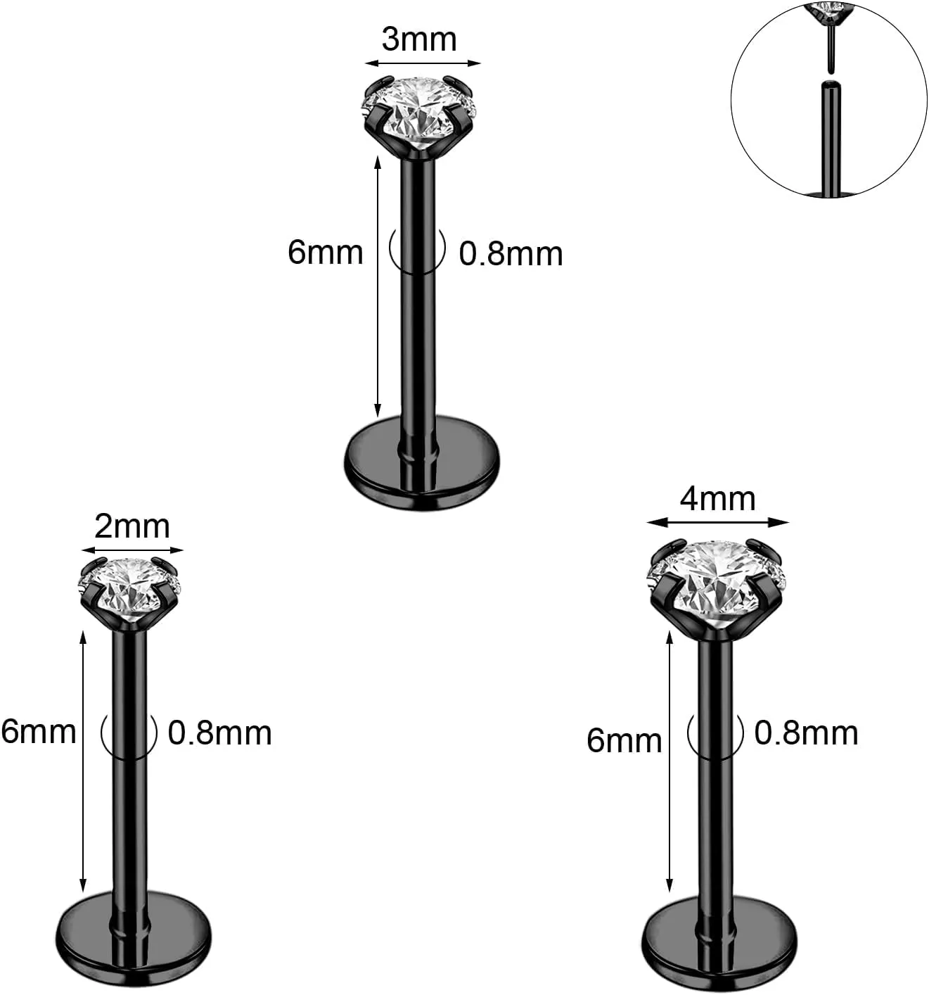 20G 18G 16G 6mm Threadless Push in Nose Stud Rings for Women Men Stainless Steel Nose Studs Nostril Piercing Jewelry CZ Nose Rings Studs1.5MM 2MM 2.5MM 3MM 8Pcs Black Silver 14K Gold Filled
