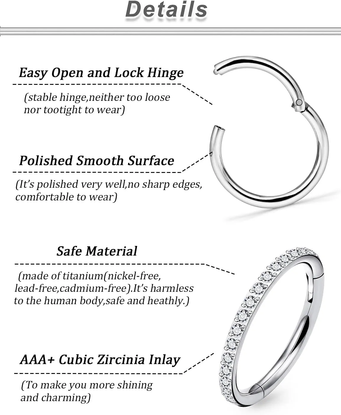 20G 18G 16G Titanium Nose Rings Hoops G23 Hinged Septum Nose Rings Clicker Helix Daith Rook Cartilage Tragus Earrings Segment Ring Lip Ring Piercing Jewelry for Women Men 8mm 10mm