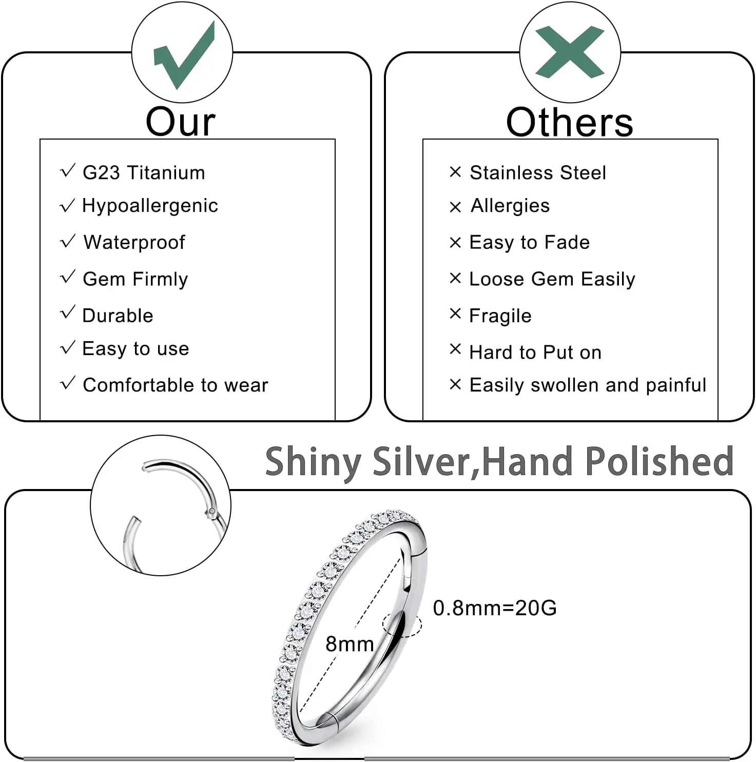 20G 18G 16G Titanium Nose Rings Hoops G23 Hinged Septum Nose Rings Clicker Helix Daith Rook Cartilage Tragus Earrings Segment Ring Lip Ring Piercing Jewelry for Women Men 8mm 10mm