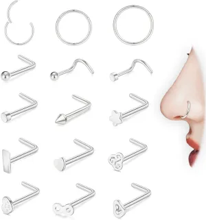 20g 316L Surgical Steel Nose Rings Hoop for Women Men,Hypoallergenic L Shape Nose Studs Corkscrew Studs Pack | Multi-Use Helix Cartilage Earrings Piercing 15Pcs