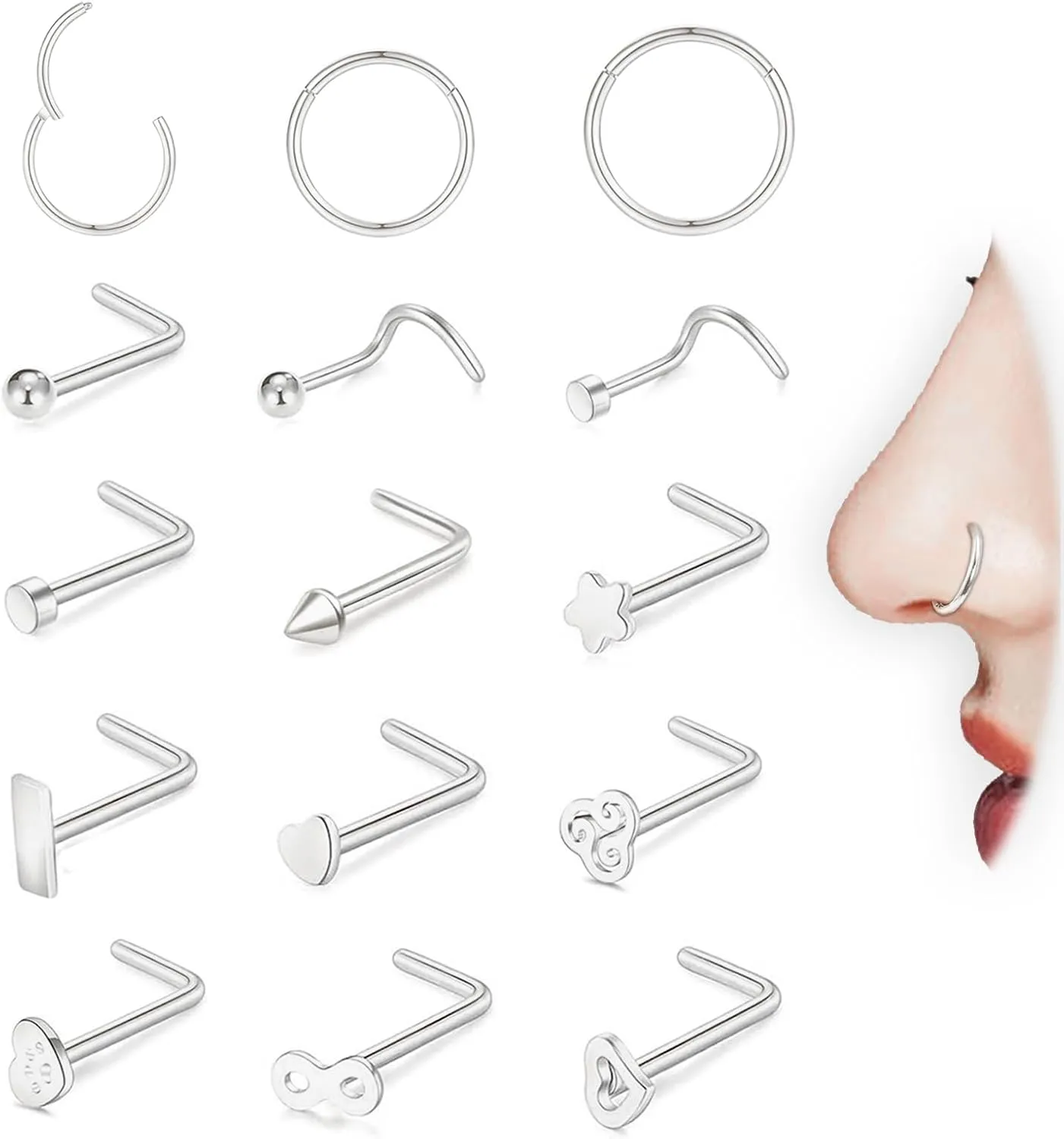 20g 316L Surgical Steel Nose Rings Hoop for Women Men,Hypoallergenic L Shape Nose Studs Corkscrew Studs Pack | Multi-Use Helix Cartilage Earrings Piercing 15Pcs