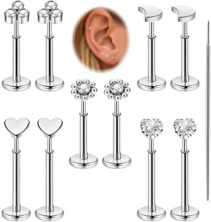 20G 5Pairs 316L Stainless Steel Threadless Stud Earring for Women Hypoallergenic Star Moon Push in Nose Studs Threadless Flat Back Earring Cartilage Helix Tragus Conch Labret Stud Piercing