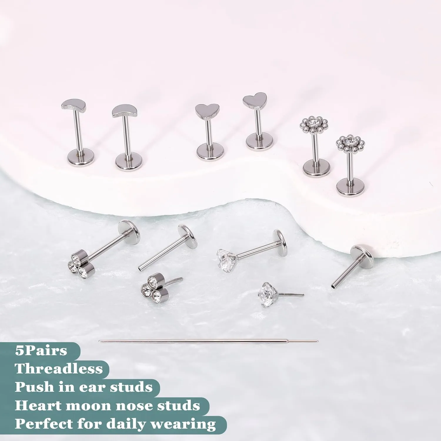20G 5Pairs 316L Stainless Steel Threadless Stud Earring for Women Hypoallergenic Star Moon Push in Nose Studs Threadless Flat Back Earring Cartilage Helix Tragus Conch Labret Stud Piercing