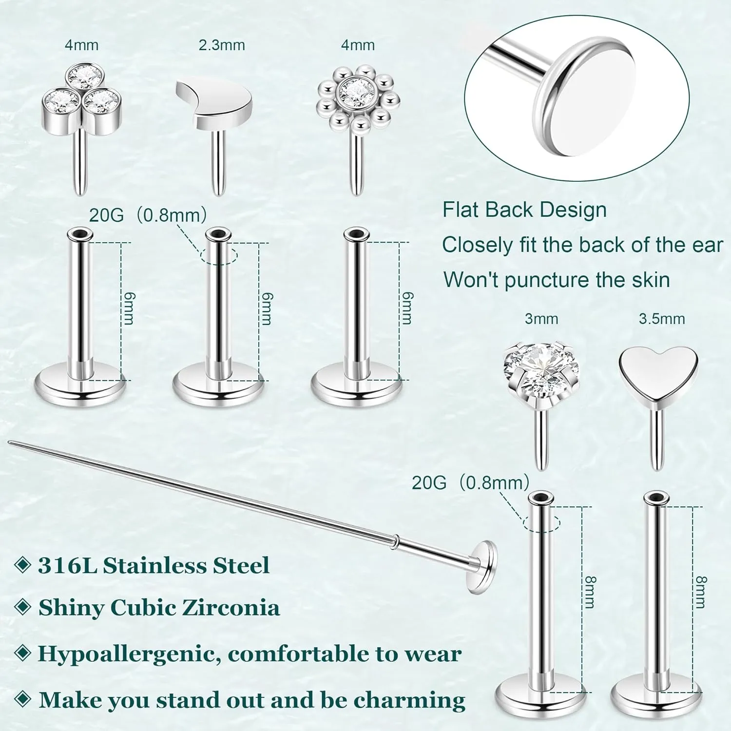 20G 5Pairs 316L Stainless Steel Threadless Stud Earring for Women Hypoallergenic Star Moon Push in Nose Studs Threadless Flat Back Earring Cartilage Helix Tragus Conch Labret Stud Piercing