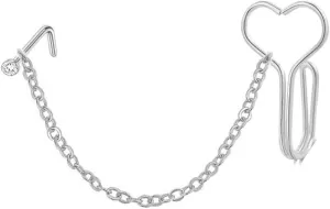 20G Nose Chain Piercing Across Nose Stainless Steel Heart Fake Nose Rings L-Shaped Cubic Zirconia Nose Studs with Chains Nostril Nose Piercing Jewelry for Women