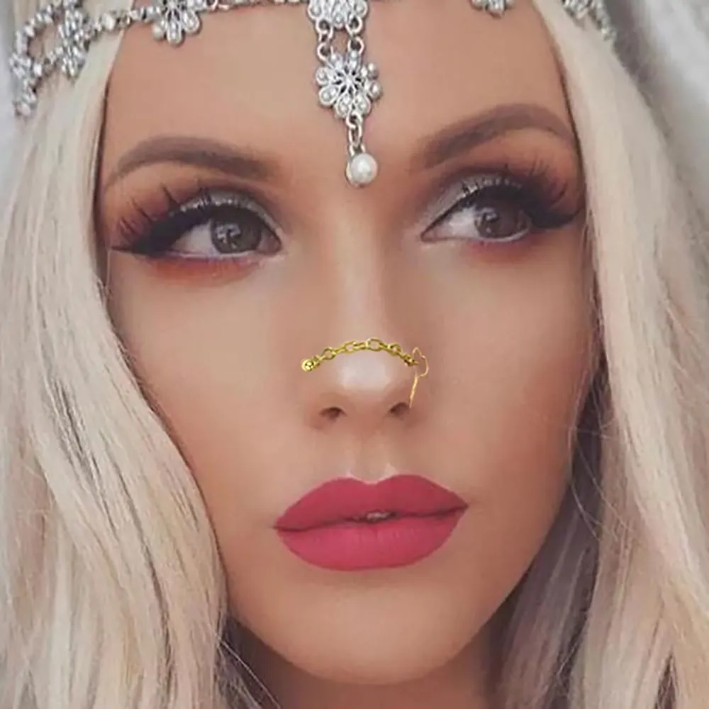 20G Nose Chain Piercing Across Nose Stainless Steel Heart Fake Nose Rings L-Shaped Cubic Zirconia Nose Studs with Chains Nostril Nose Piercing Jewelry for Women