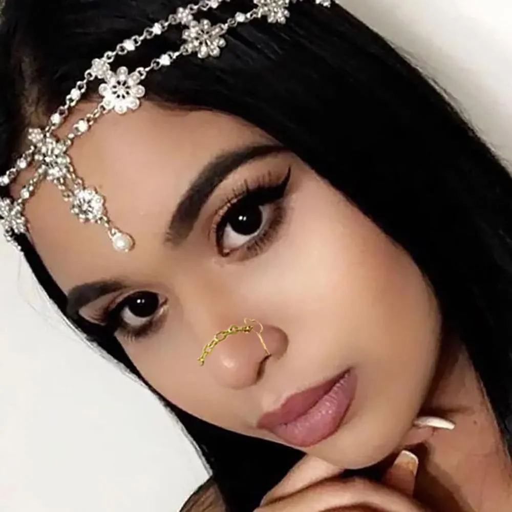 20G Nose Chain Piercing Across Nose Stainless Steel Heart Fake Nose Rings L-Shaped Cubic Zirconia Nose Studs with Chains Nostril Nose Piercing Jewelry for Women