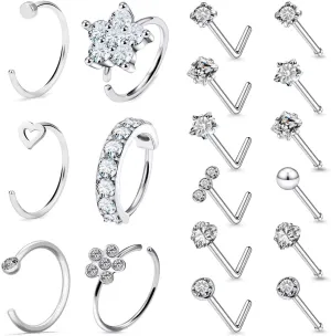 20G Nose Rings Hoop Stud for Women Men - Surgical Steel Piercing Jewelry Set With Paved CZ Flower, L Shaped Studs
