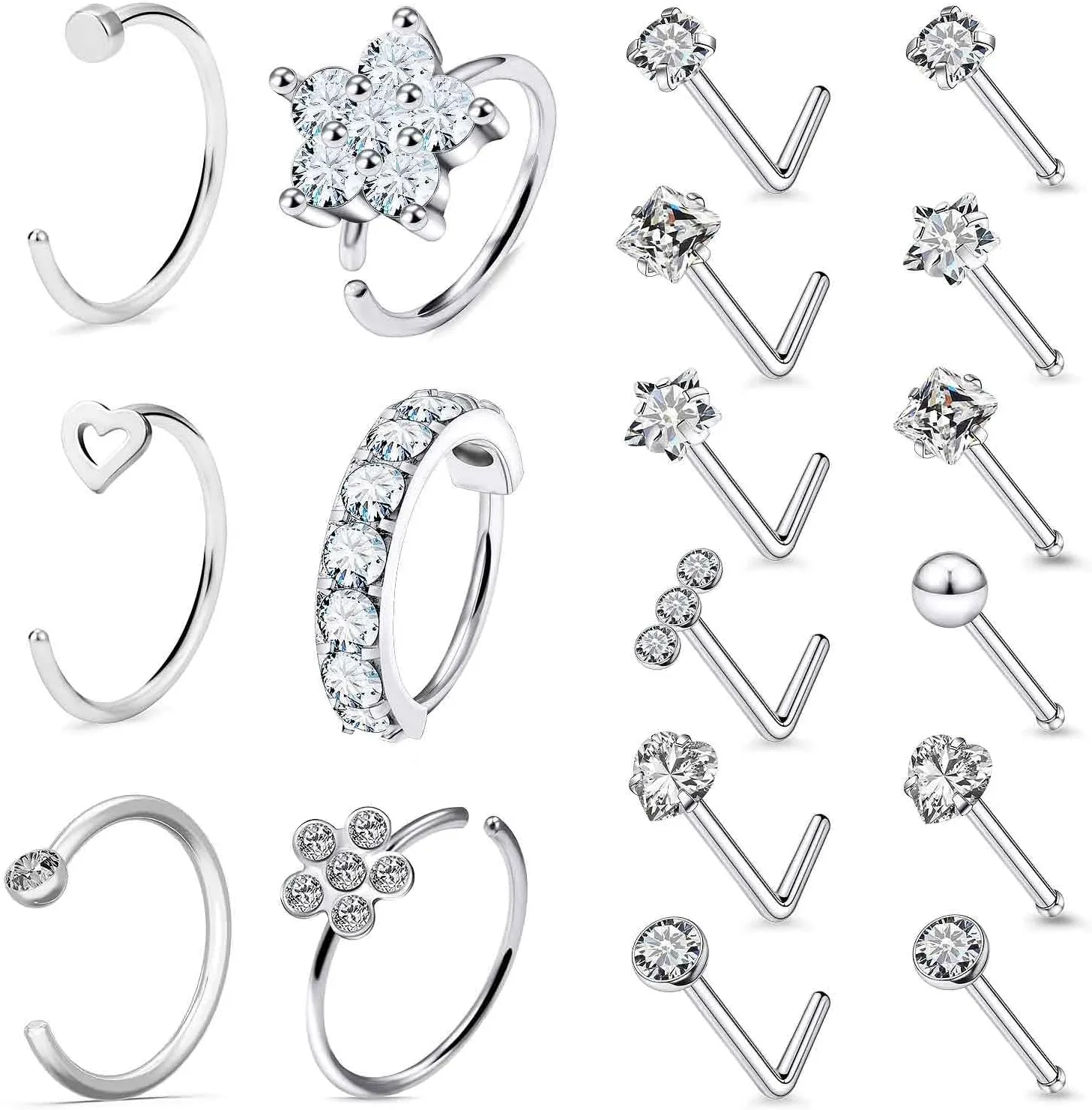 20G Nose Rings Hoop Stud for Women Men - Surgical Steel Piercing Jewelry Set With Paved CZ Flower, L Shaped Studs