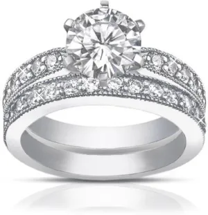 2.25 ct Round Cut Diamond Engagement Ring Set Whit Millgrain on The Shank in Platinum