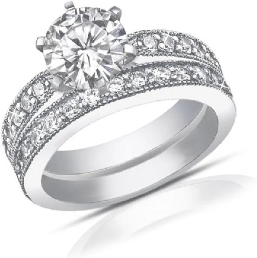 2.25 ct Round Cut Diamond Engagement Ring Set Whit Millgrain on The Shank in Platinum