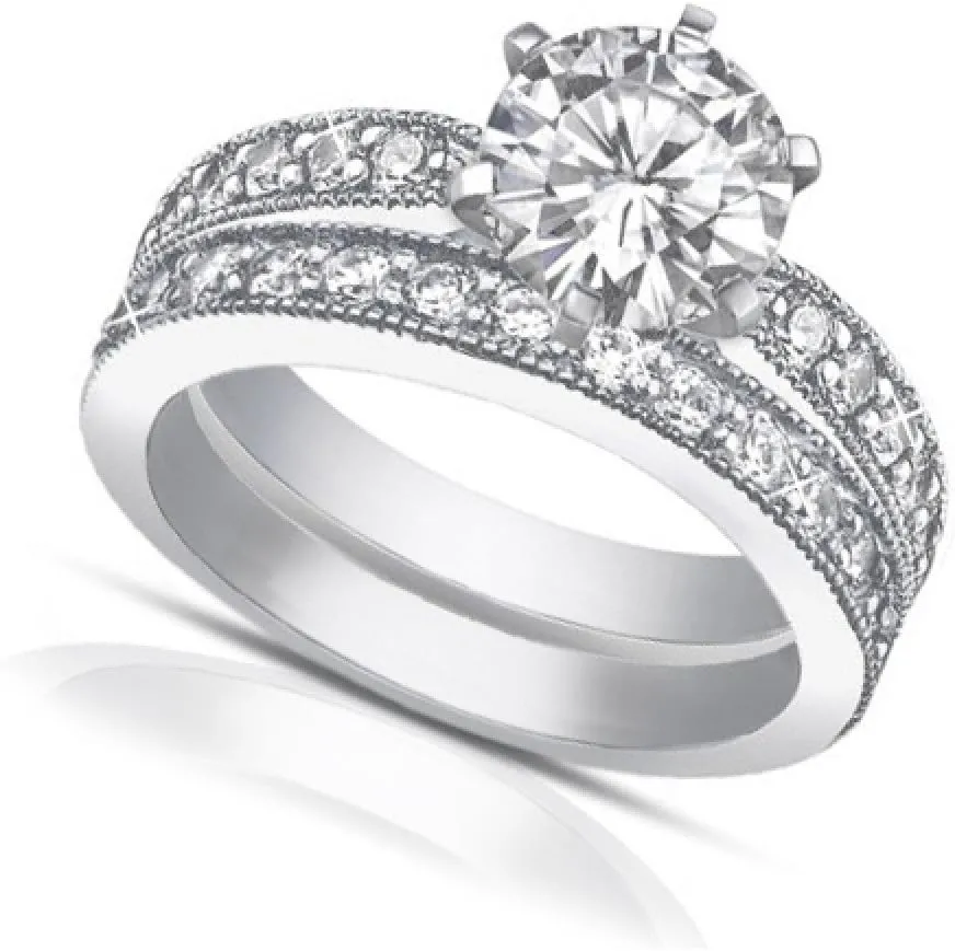 2.25 ct Round Cut Diamond Engagement Ring Set Whit Millgrain on The Shank in Platinum