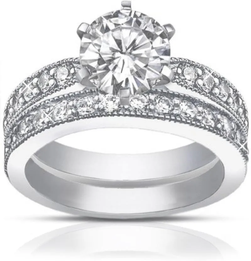 2.25 ct Round Cut Diamond Engagement Ring Set Whit Millgrain on The Shank in Platinum