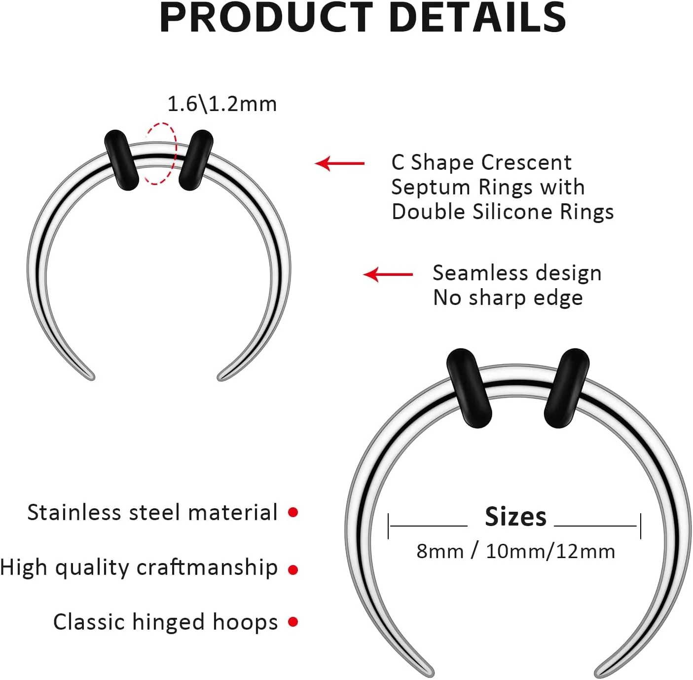2/4 pcs Stainless Steel Nose Ear Rings Crescent Pincher Septum Taper Rings C Shape Buffalo Horseshoes Hoops Body Piercing Jewelry 10-18G
