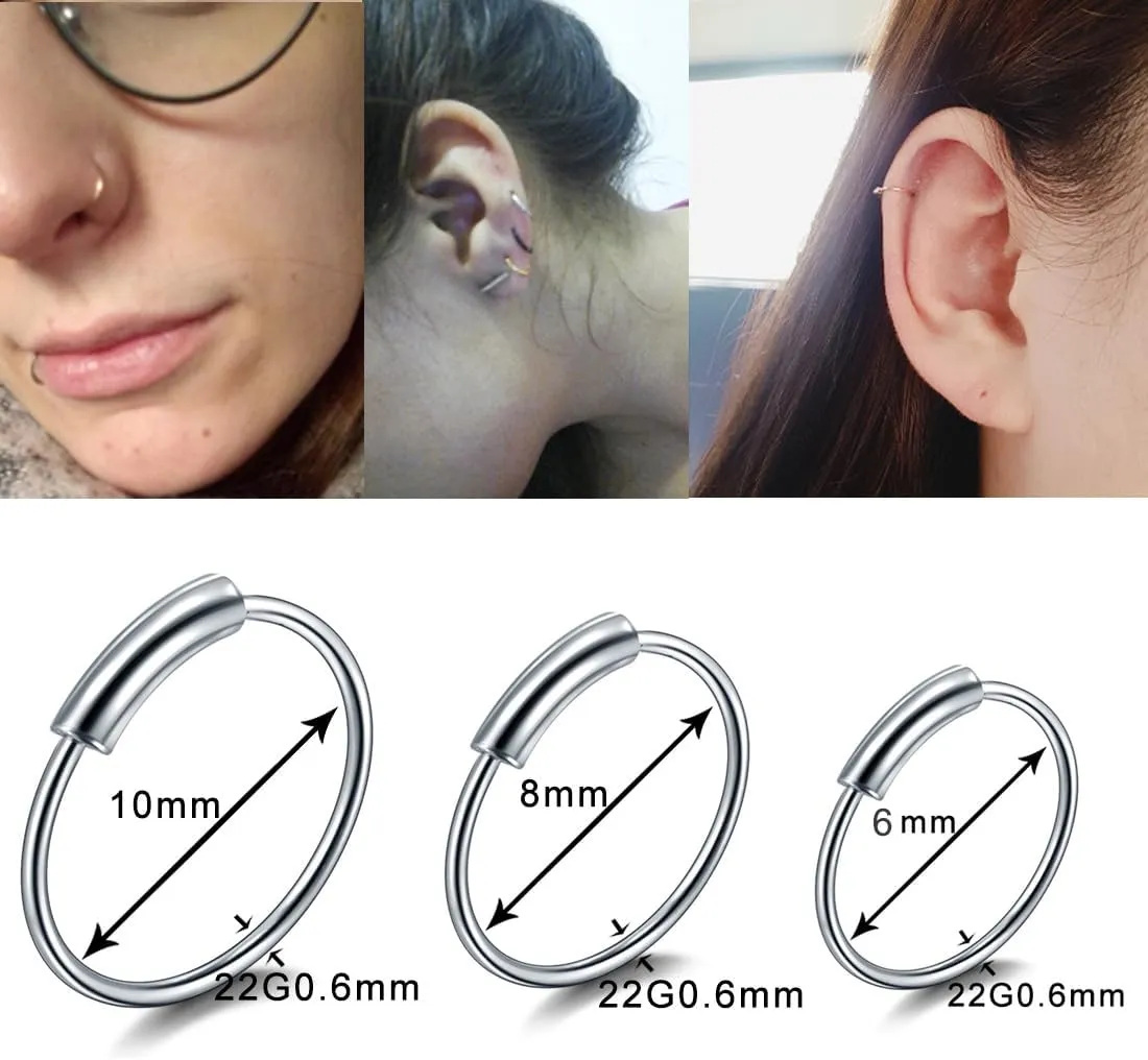 2PC 0.6mm(22G) Silver Diameter 6mm Septum Nose Hoop Tragus Cartilage Jewelry 316L Stainless Steel Hypoallergenic Earring Conch Ring Piercing Jewelry for Women And Men