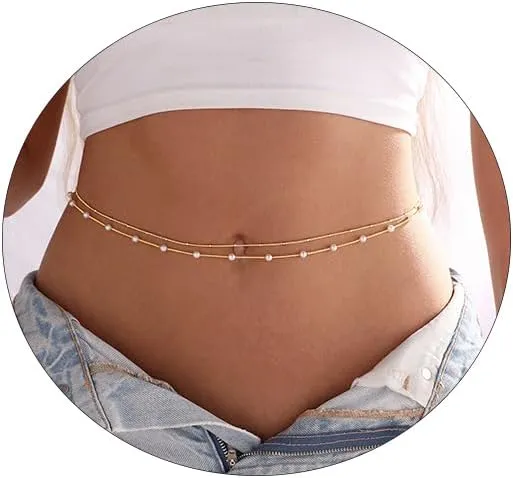 2PCS 18K Gold Plated Waist Chain Satellite Body Chain Layered rope Waist Chains Sexy Bikini Beach Waist Chain for Women Waterproof Adjustable 26.5-33Inch