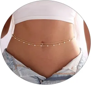 2PCS 18K Gold Plated Waist Chain Satellite Body Chain Layered rope Waist Chains Sexy Bikini Beach Waist Chain for Women Waterproof Adjustable 26.5-33Inch