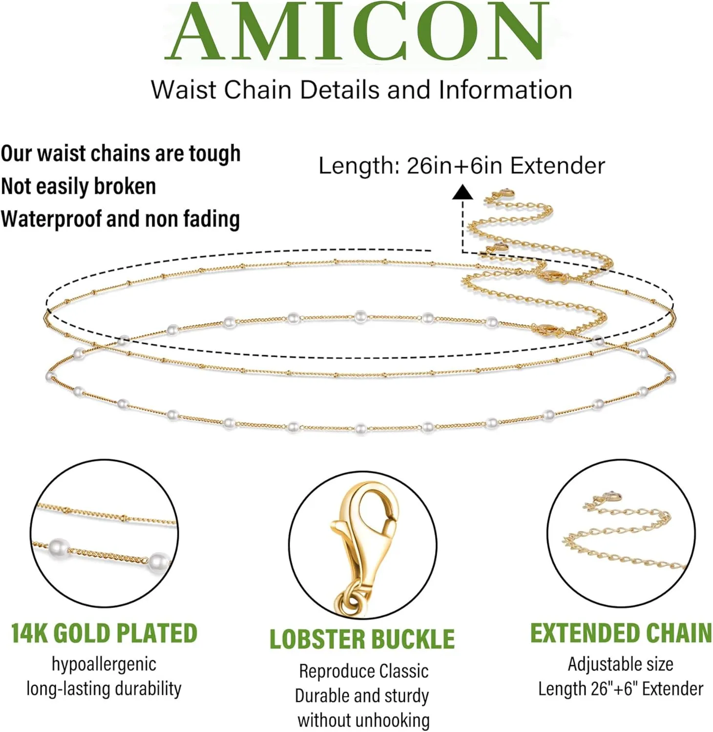 2PCS 18K Gold Plated Waist Chain Satellite Body Chain Layered rope Waist Chains Sexy Bikini Beach Waist Chain for Women Waterproof Adjustable 26.5-33Inch