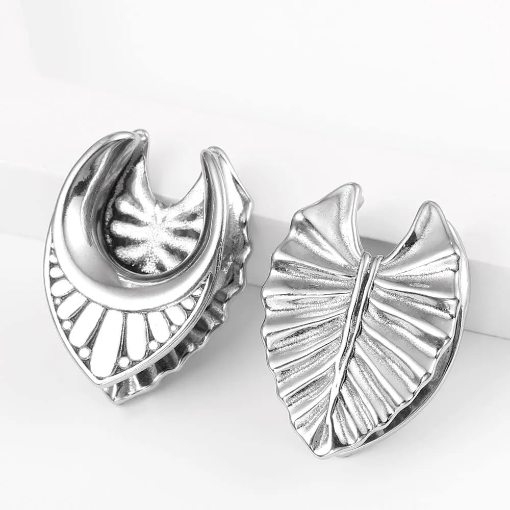 2PCS 8mm-25mm (0G-1") Novelty Leaf Saddle Hanger Gauges Plugs for Stretched Ears, Hypoallergenic 316 Stainless Steel Ear Tunnels Gauges Body Piercing Jewelry for Men Women