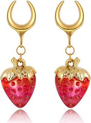 2PCS 8mm-25mm (0G-1") Strawberry Dangle Plugs Gauges Saddle Horn Tunnels for Ear Women Men, Hypoallergenic 316 Stainless Steel Ear Dangle Guages Body Piercing Jewelry