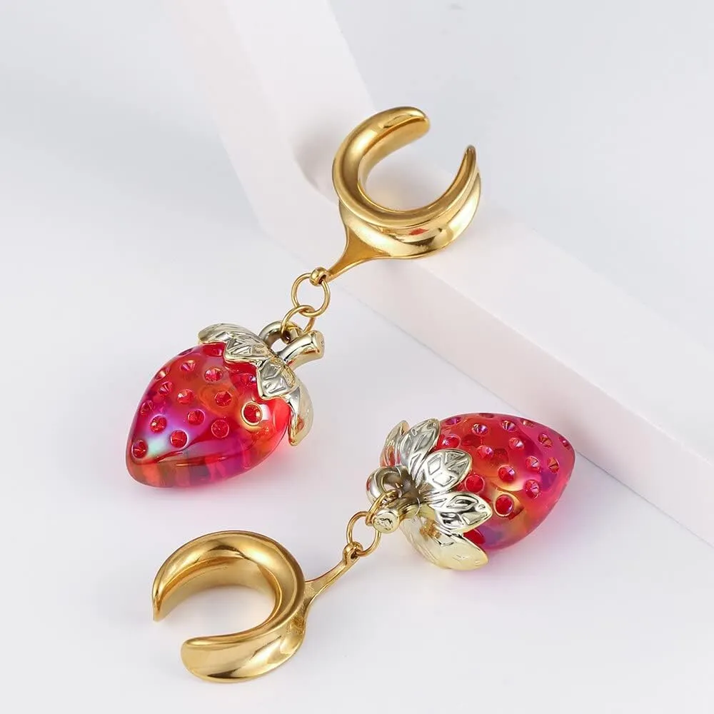 2PCS 8mm-25mm (0G-1") Strawberry Dangle Plugs Gauges Saddle Horn Tunnels for Ear Women Men, Hypoallergenic 316 Stainless Steel Ear Dangle Guages Body Piercing Jewelry