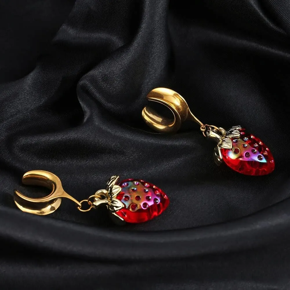 2PCS 8mm-25mm (0G-1") Strawberry Dangle Plugs Gauges Saddle Horn Tunnels for Ear Women Men, Hypoallergenic 316 Stainless Steel Ear Dangle Guages Body Piercing Jewelry