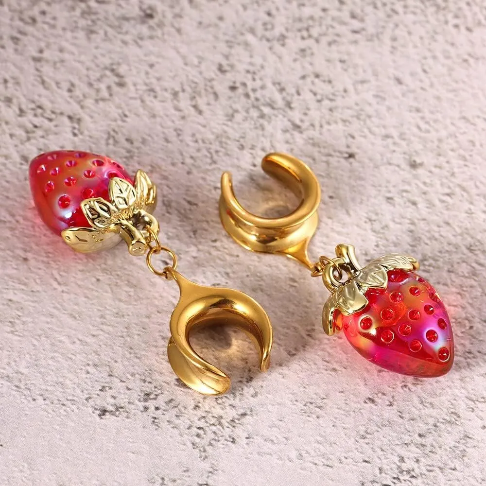 2PCS 8mm-25mm (0G-1") Strawberry Dangle Plugs Gauges Saddle Horn Tunnels for Ear Women Men, Hypoallergenic 316 Stainless Steel Ear Dangle Guages Body Piercing Jewelry
