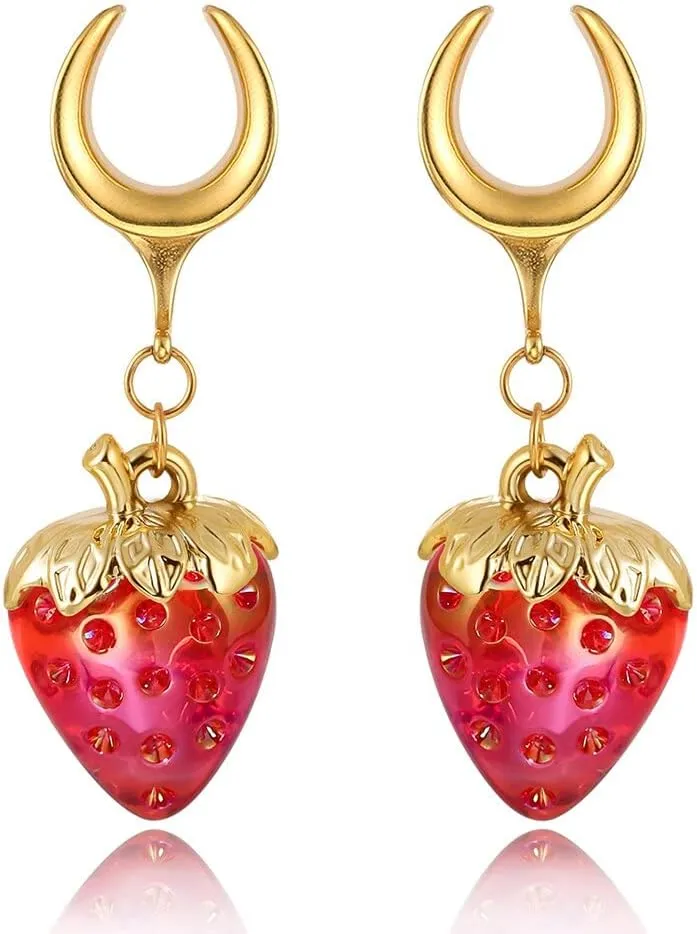 2PCS 8mm-25mm (0G-1") Strawberry Dangle Plugs Gauges Saddle Horn Tunnels for Ear Women Men, Hypoallergenic 316 Stainless Steel Ear Dangle Guages Body Piercing Jewelry