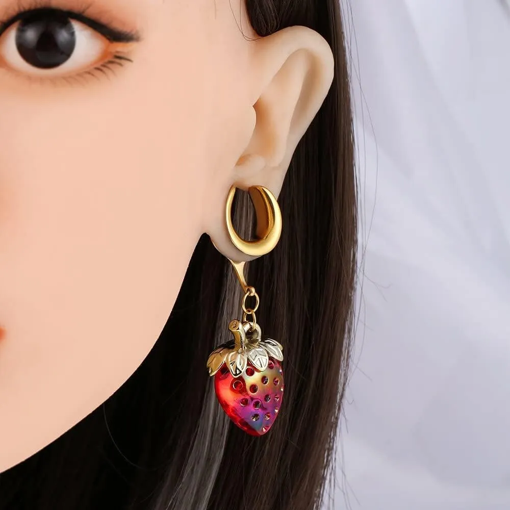 2PCS 8mm-25mm (0G-1") Strawberry Dangle Plugs Gauges Saddle Horn Tunnels for Ear Women Men, Hypoallergenic 316 Stainless Steel Ear Dangle Guages Body Piercing Jewelry