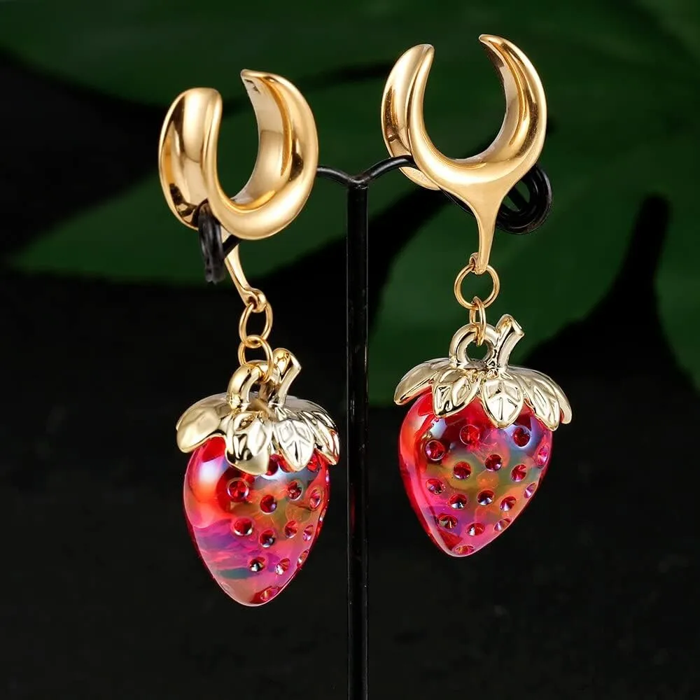 2PCS 8mm-25mm (0G-1") Strawberry Dangle Plugs Gauges Saddle Horn Tunnels for Ear Women Men, Hypoallergenic 316 Stainless Steel Ear Dangle Guages Body Piercing Jewelry
