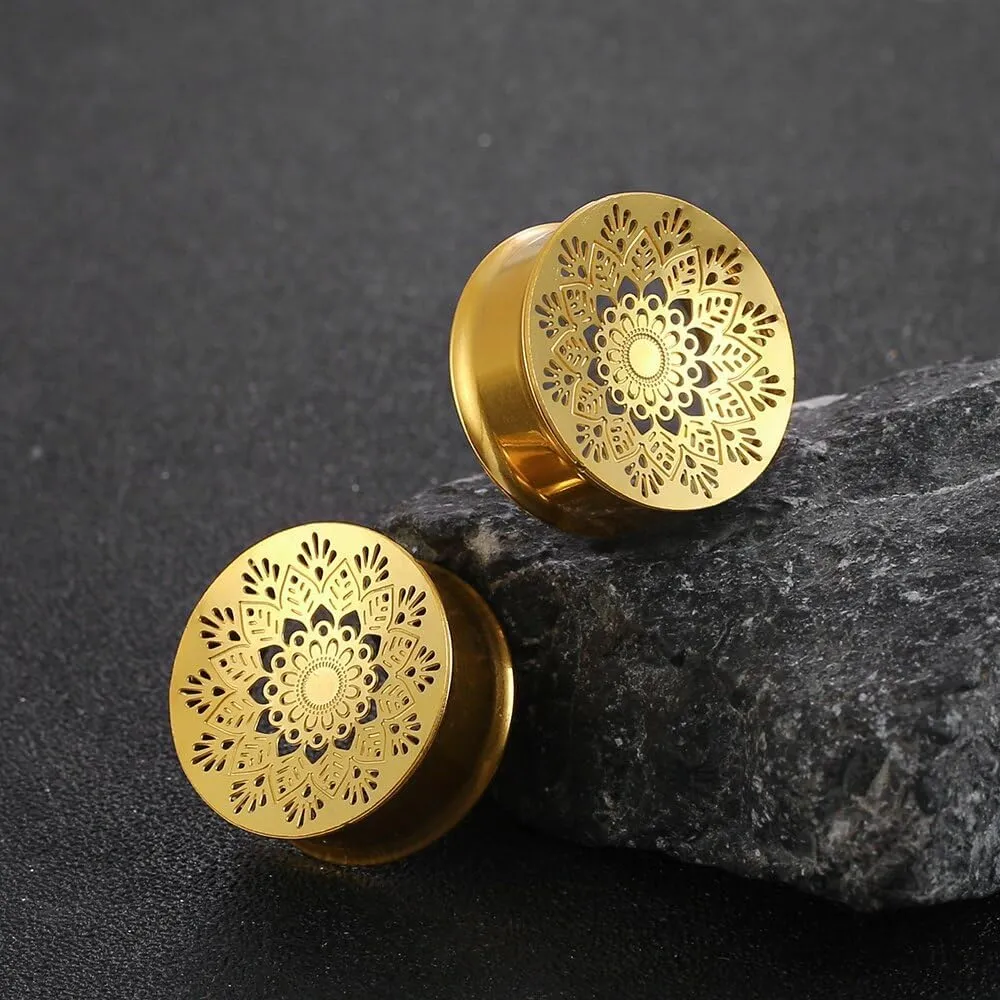 2PCS Beauty Gauges for Ears Hypoallergenic 316 Stainless Steel Hollow Flower Ear Plugs Tunnels 8mm-25mm (0G-1") Body Piercing Jewelry for Women Men