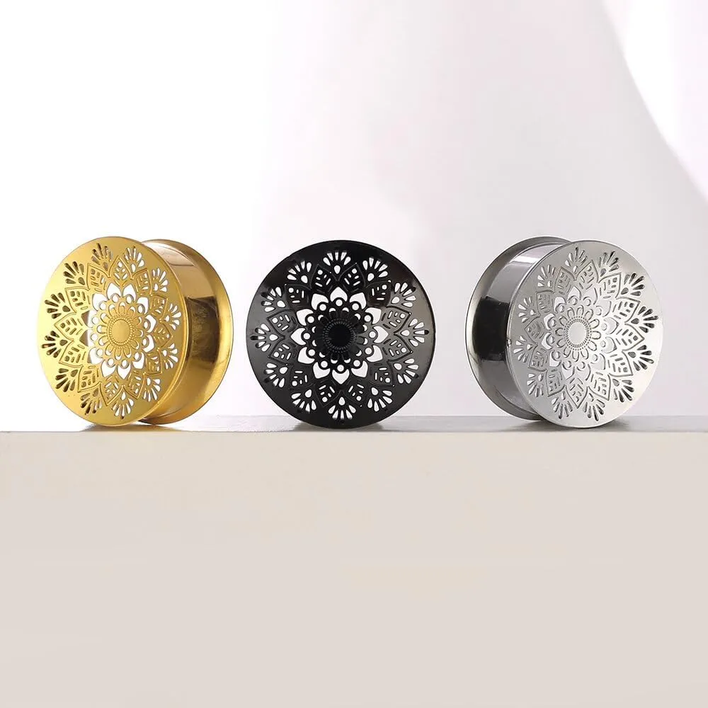 2PCS Beauty Gauges for Ears Hypoallergenic 316 Stainless Steel Hollow Flower Ear Plugs Tunnels 8mm-25mm (0G-1") Body Piercing Jewelry for Women Men