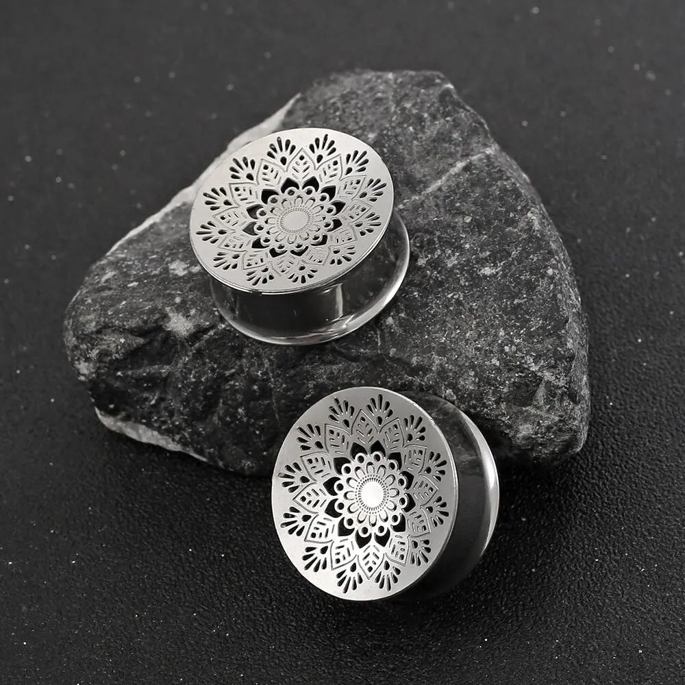 2PCS Beauty Gauges for Ears Hypoallergenic 316 Stainless Steel Hollow Flower Ear Plugs Tunnels 8mm-25mm (0G-1") Body Piercing Jewelry for Women Men